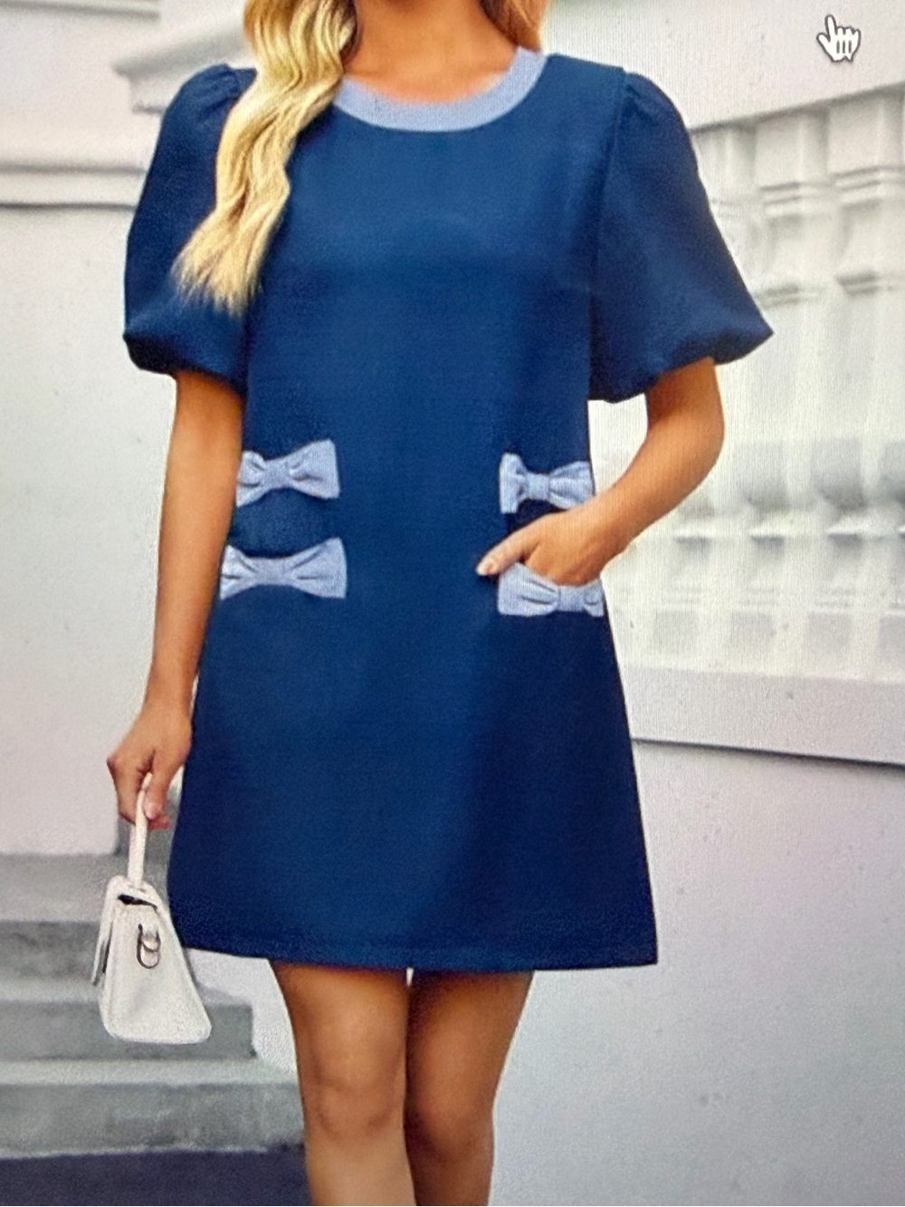 Blue Puff-Sleeve A-Line Tweed Dress with Contrast Bows - NWT - Size L